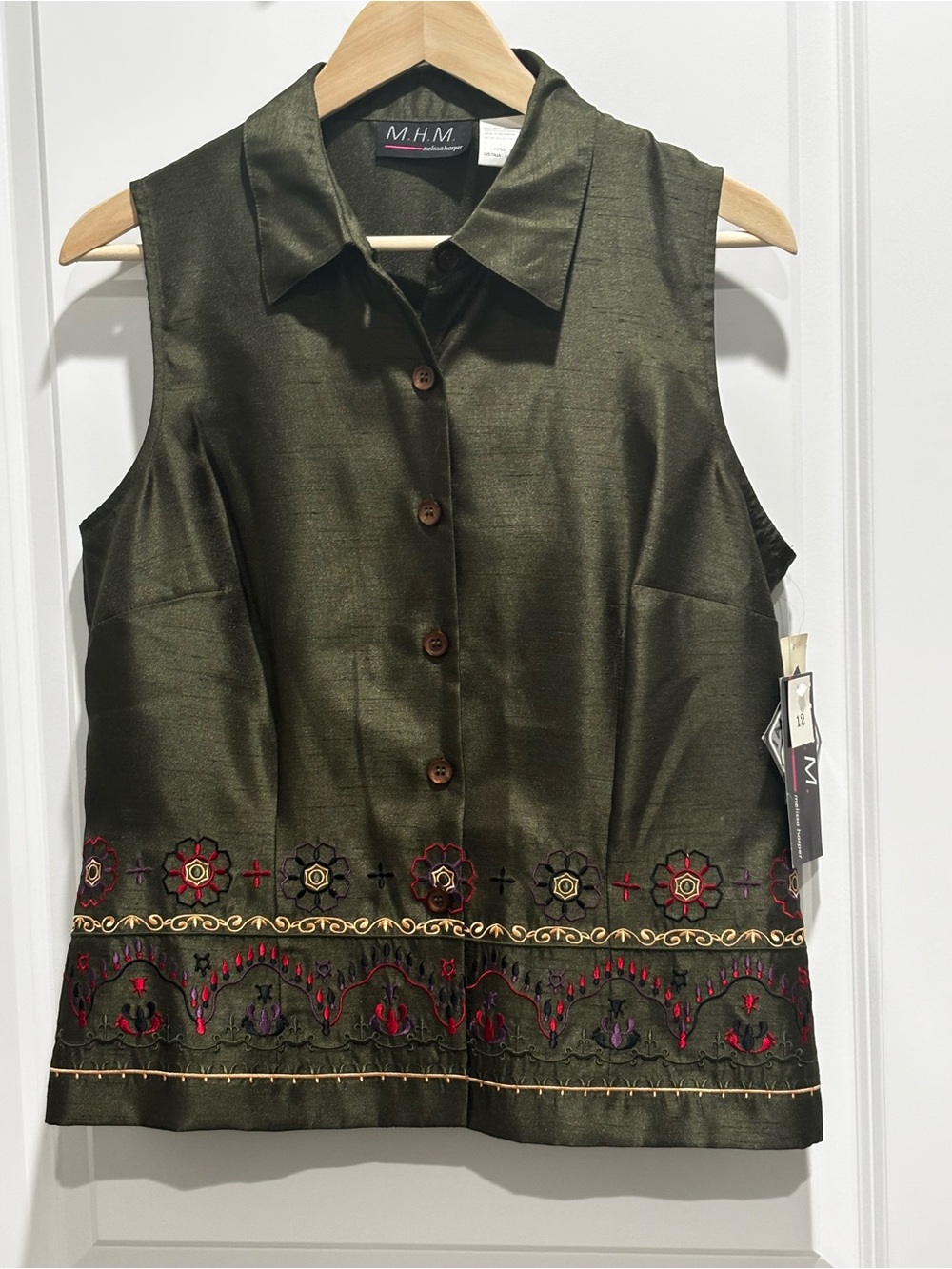 M.H.M Olive Green Sleeveless Embroidered Button-Front Vest
